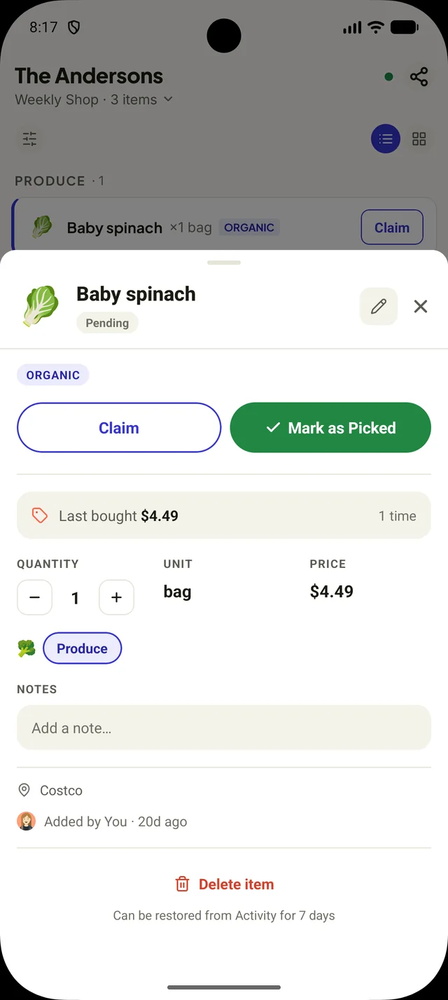 FamBasket item details with claim and mark as picked buttons on Android