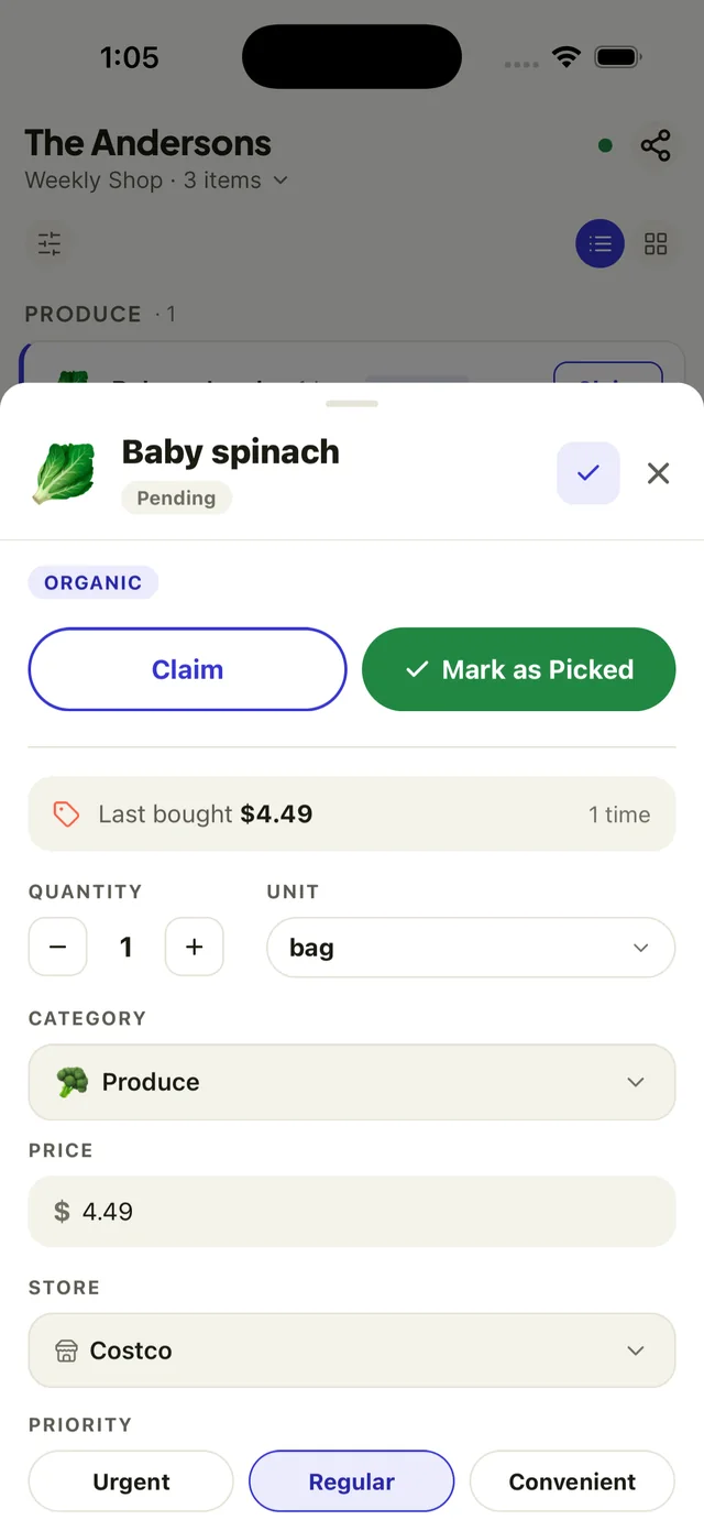 Editing a grocery item with quantity, price, store and priority in FamBasket on iPhone