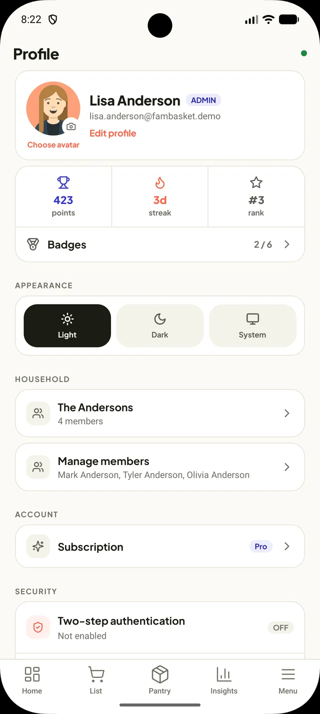 FamBasket profile with points, streak, badges and household settings on Android