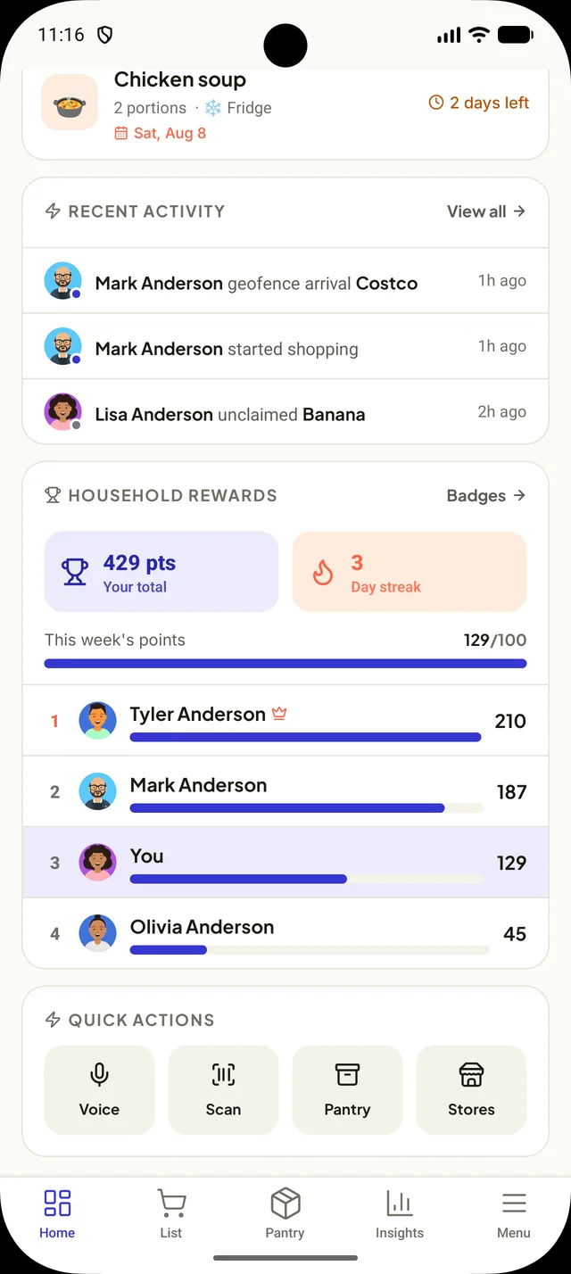 FamBasket activity feed and household rewards leaderboard on Android